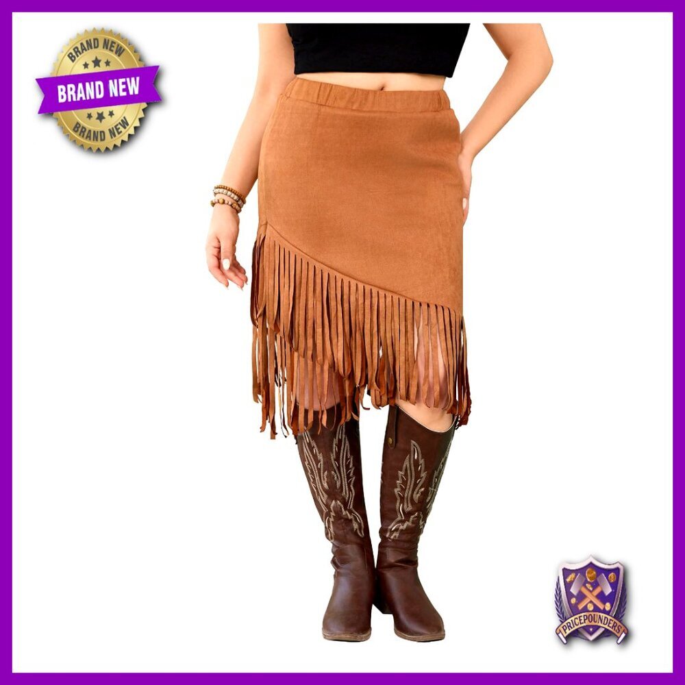 Plus Size Suede Fringe Cowlgirl Skirt Elastic High Waist Bodycon